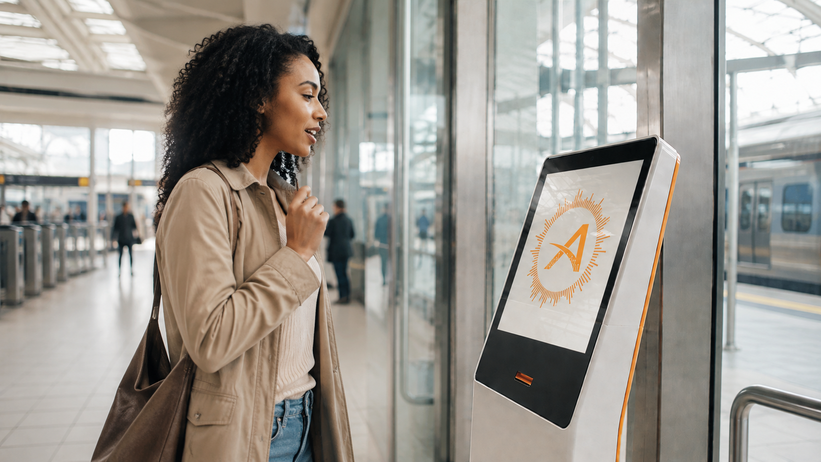 Traveler interacting with a voice-enabled kiosk inside a bright transit station.