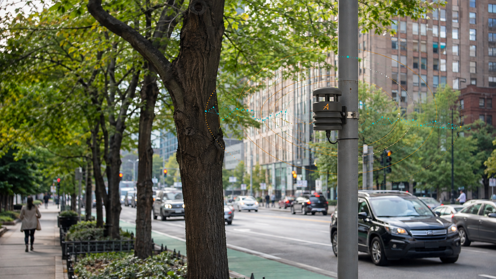 Tree-lined urban street with a conceptual roadside sensing installation and subtle sensing overlays.
