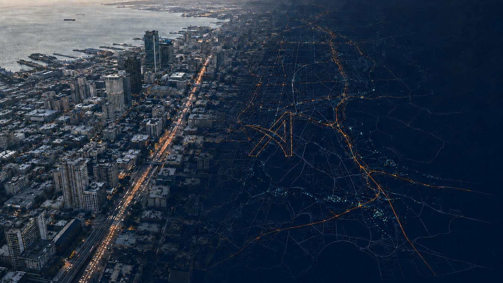 Conceptual aerial city visualization with traffic trajectories and environmental data points.